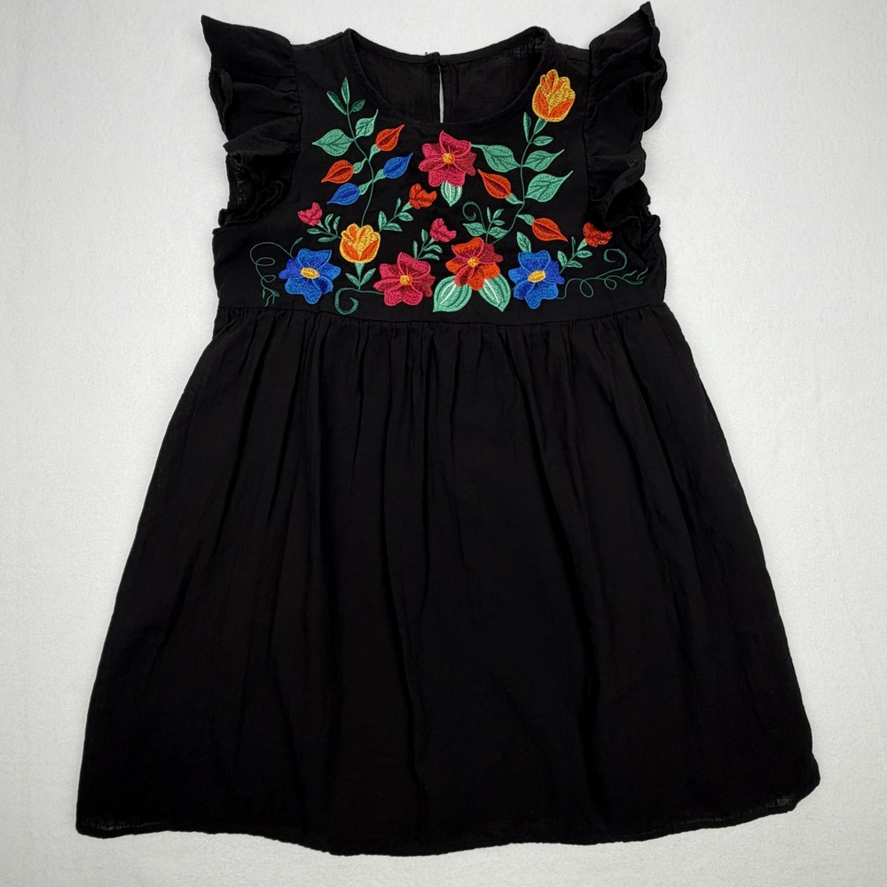 Floral Embroidered Ruffle Sleeve Mini Dress Black Boho Cottagecore Smock